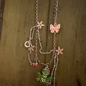 Betsey Johnson Green Frog and Pink Butterfly Necklace